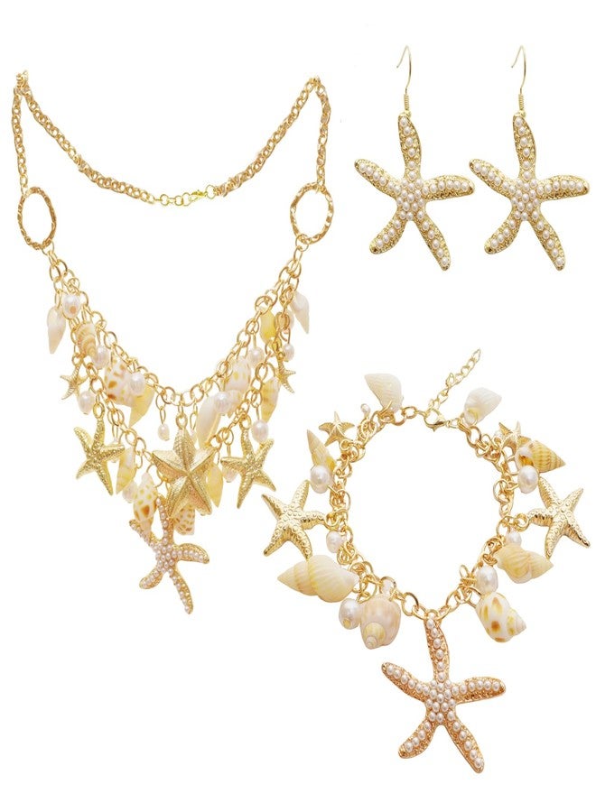 Sdfvsdg Boho Shell Starfish Jewelry Set Shell Necklace Chokers Mermaid Sea Shells Starfish Pearl Chunky Necklace Bracelet Earrings for Women - Image 1
